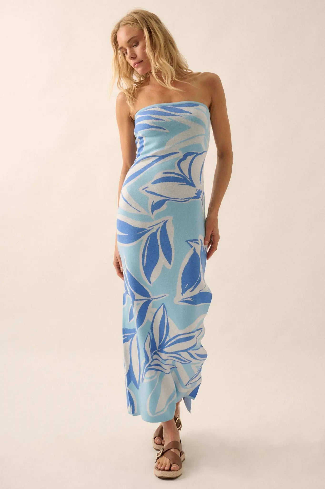 Tropical Chill Floral Strapless Maxi Sweater Dress