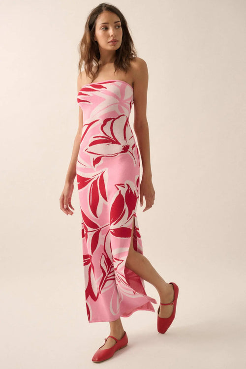 Tropical Chill Floral Strapless Maxi Sweater Dress