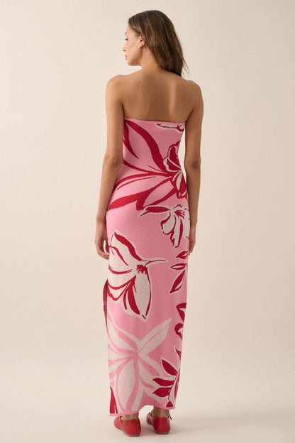 Tropical Chill Floral Strapless Maxi Sweater Dress