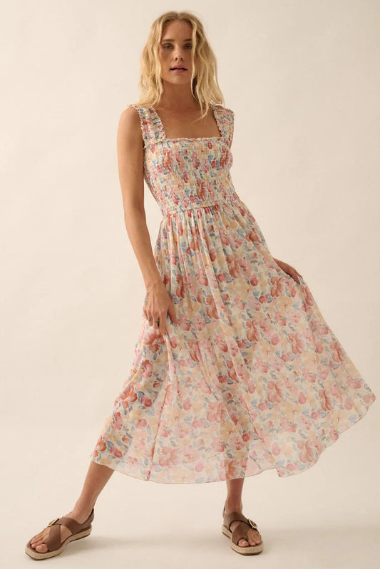 Sunny Day Bouquet Smocked Floral Mesh Maxi Dress