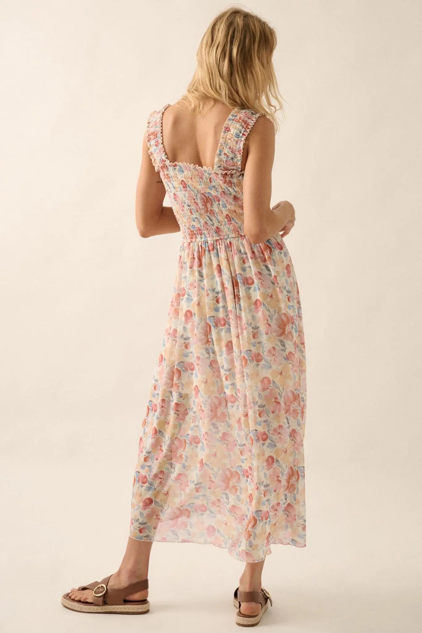 Sunny Day Bouquet Smocked Floral Mesh Maxi Dress
