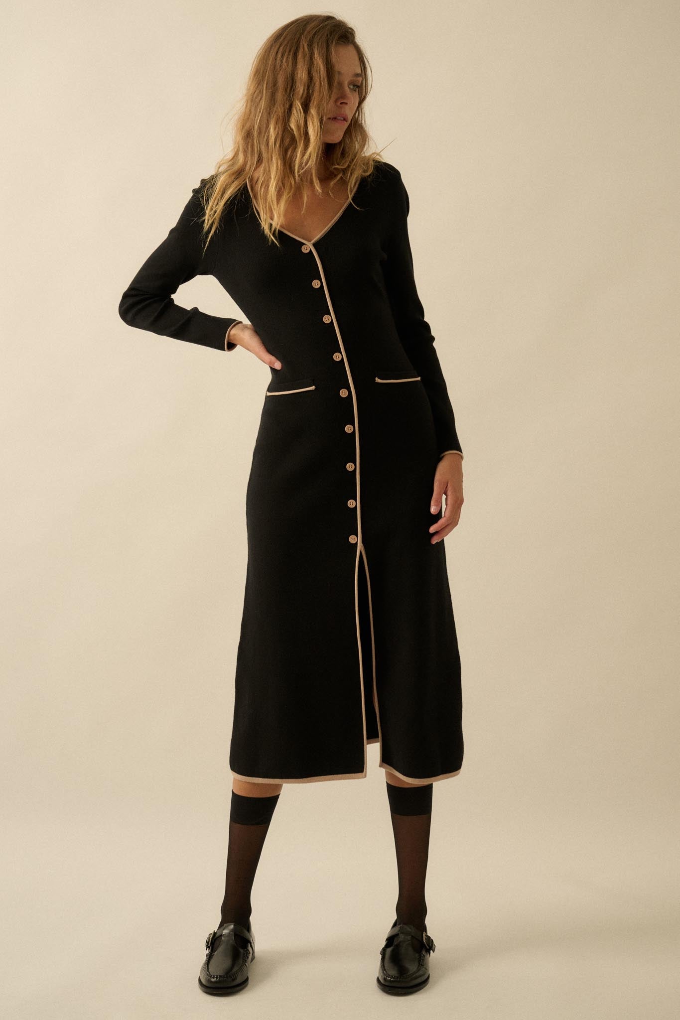 Uptown Girl Button-Detail Rib-Knit Midi Dress