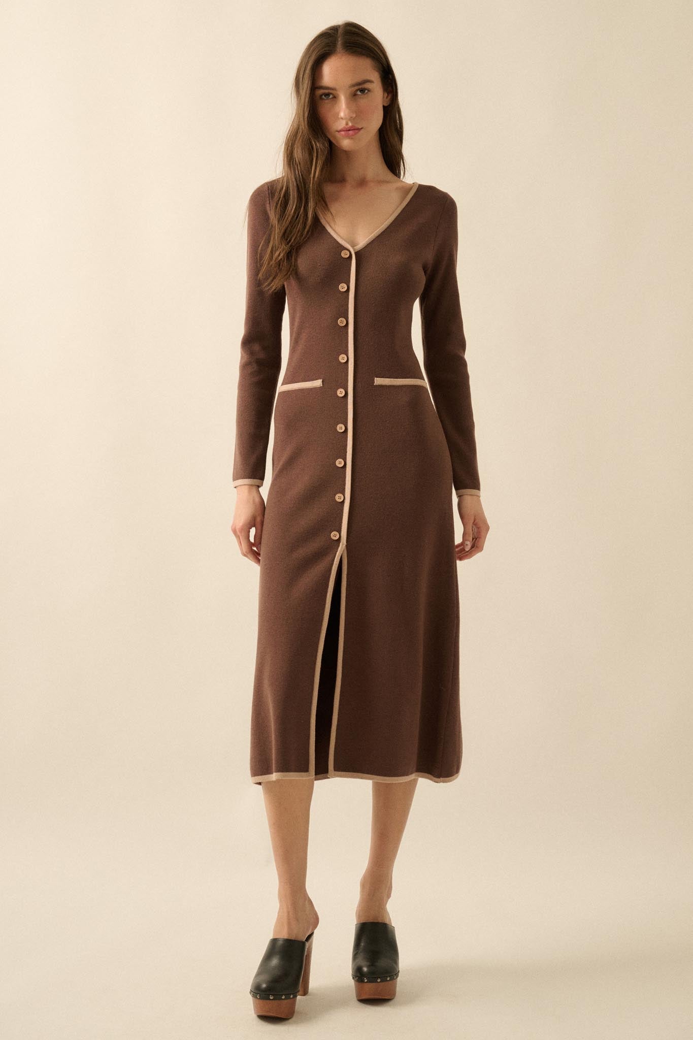 Uptown Girl Button-Detail Rib-Knit Midi Dress