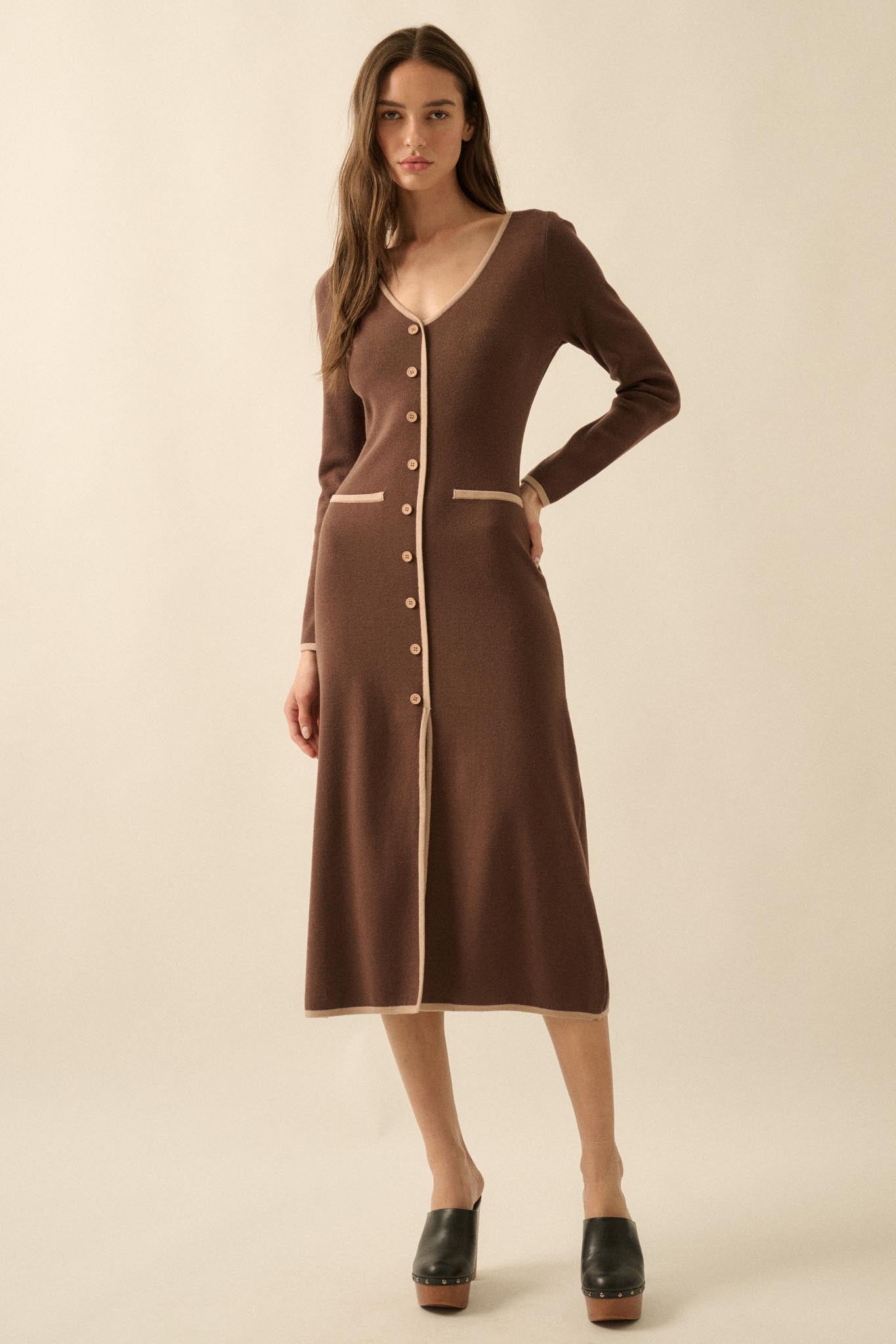 Uptown Girl Button-Detail Rib-Knit Midi Dress
