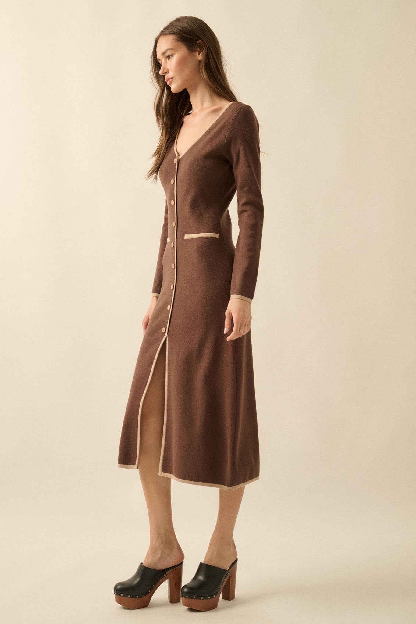 Uptown Girl Button-Detail Rib-Knit Midi Dress