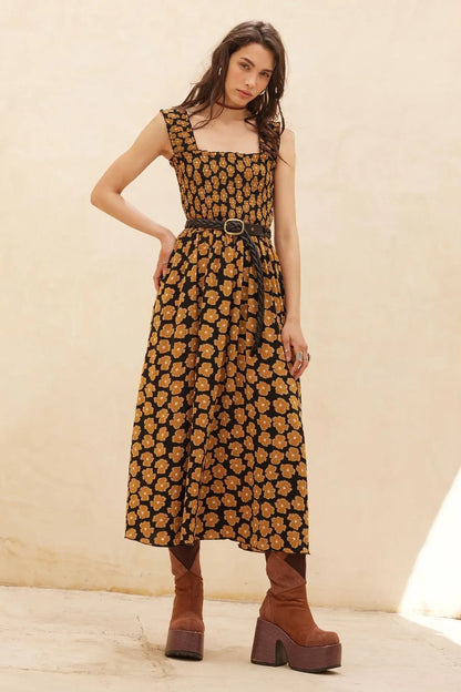 Vintage Blooms Floral Smocked Midi Dress