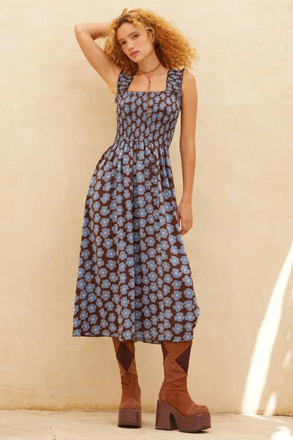 Vintage Blooms Floral Smocked Midi Dress
