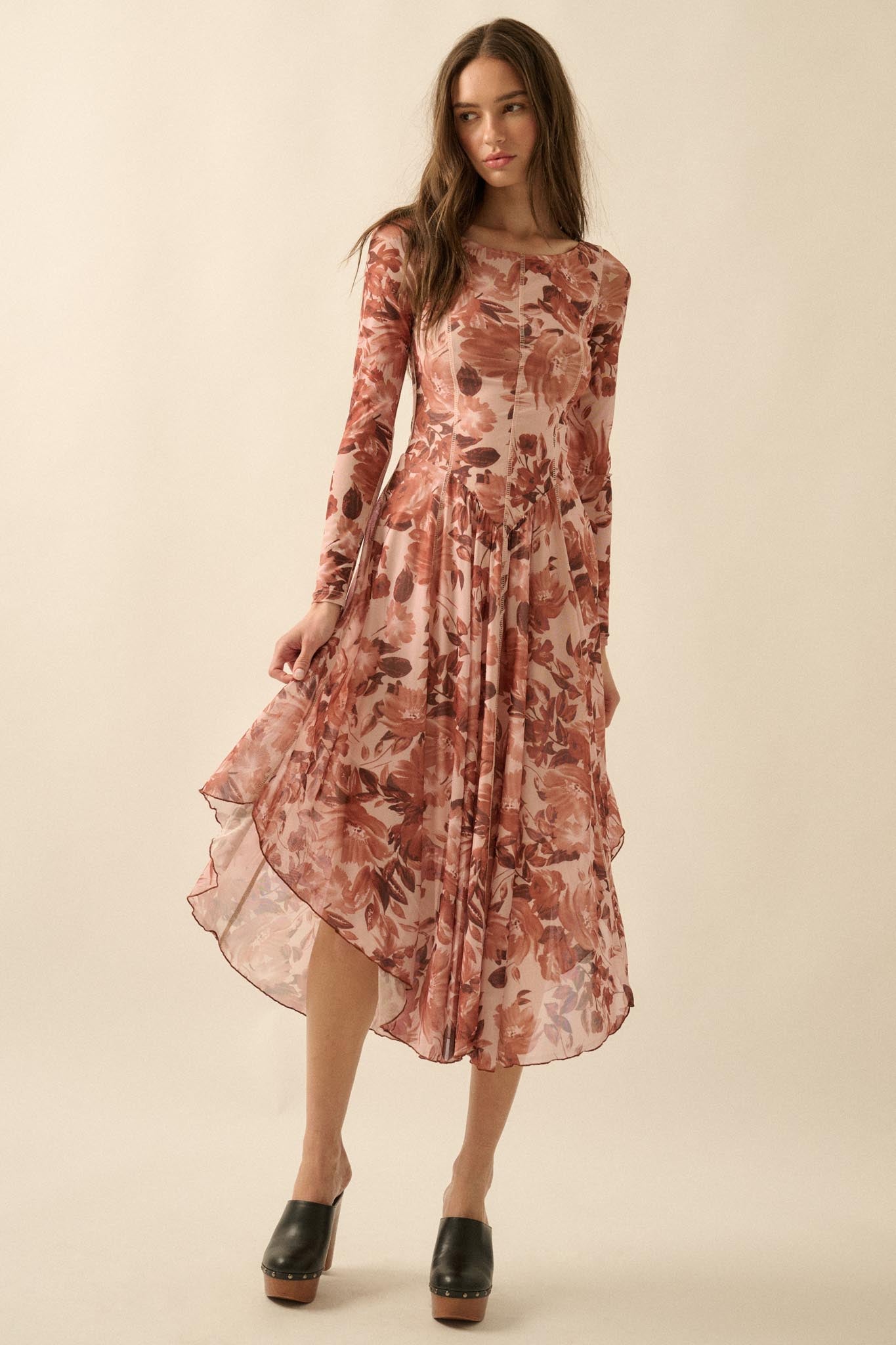 Stellar Stems Floral Mesh Drop-Waist Midi Dress