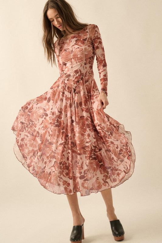 Stellar Stems Floral Mesh Drop-Waist Midi Dress