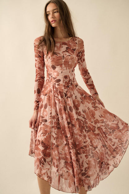 Stellar Stems Floral Mesh Drop-Waist Midi Dress