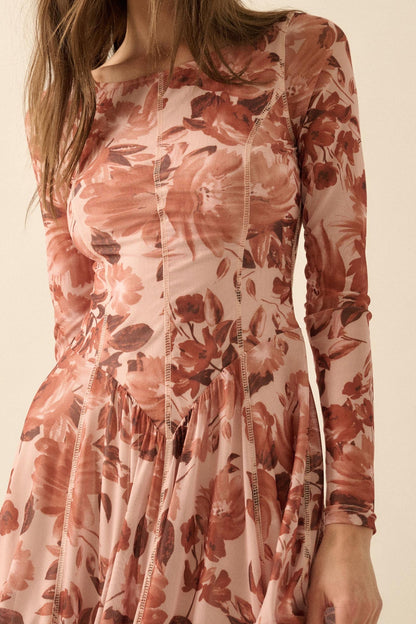 Stellar Stems Floral Mesh Drop-Waist Midi Dress