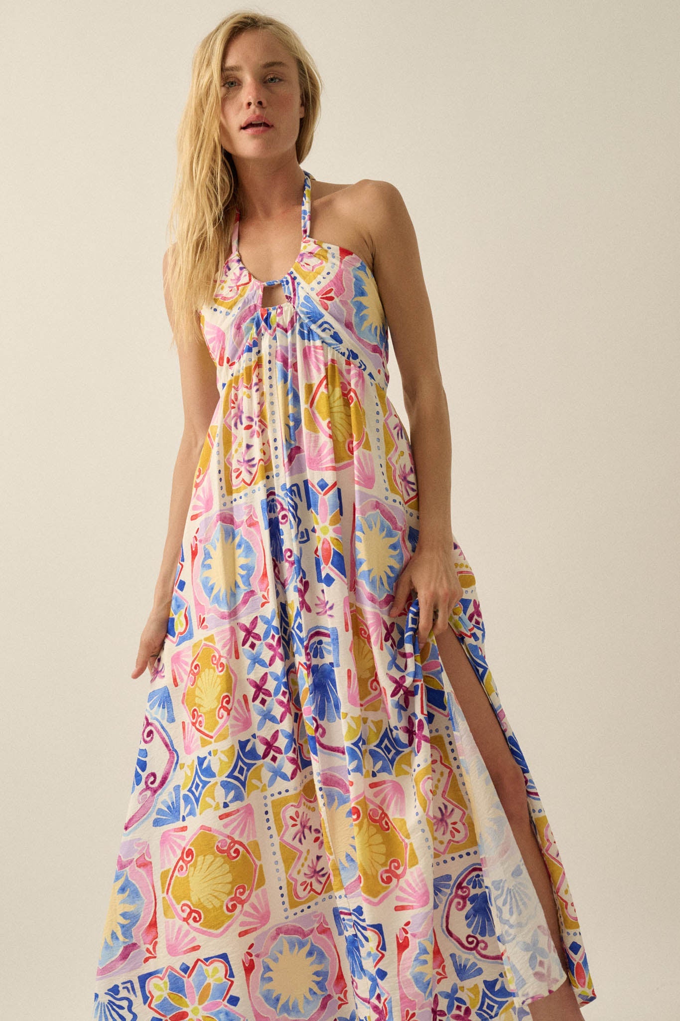 Sunny Saville Tile-Print Open-Back Halter Maxi Dress