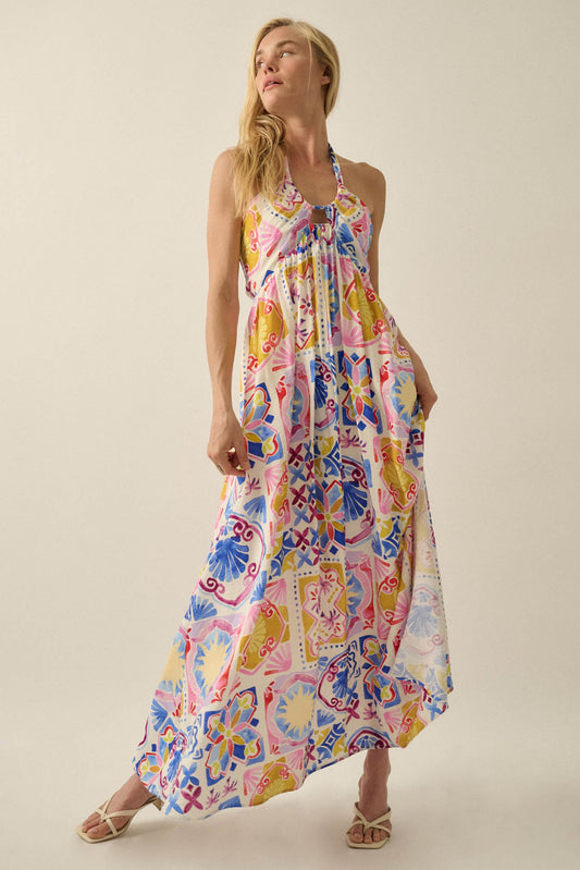 Sunny Saville Tile-Print Open-Back Halter Maxi Dress
