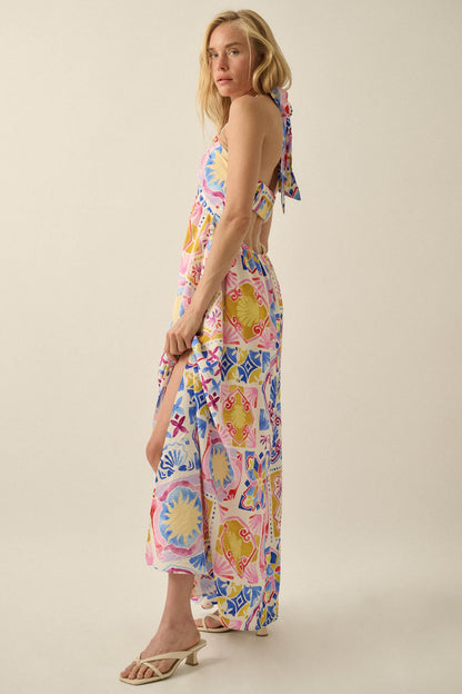 Sunny Saville Tile-Print Open-Back Halter Maxi Dress