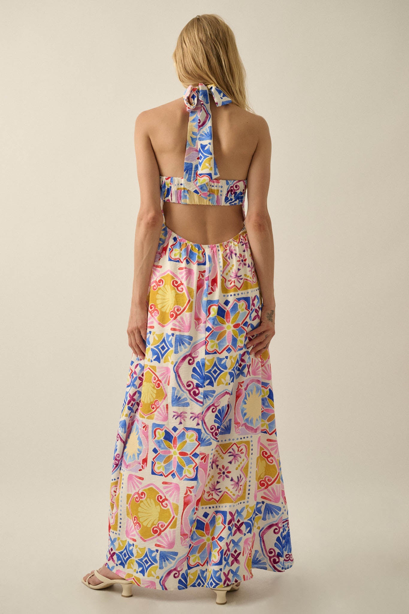 Sunny Saville Tile-Print Open-Back Halter Maxi Dress