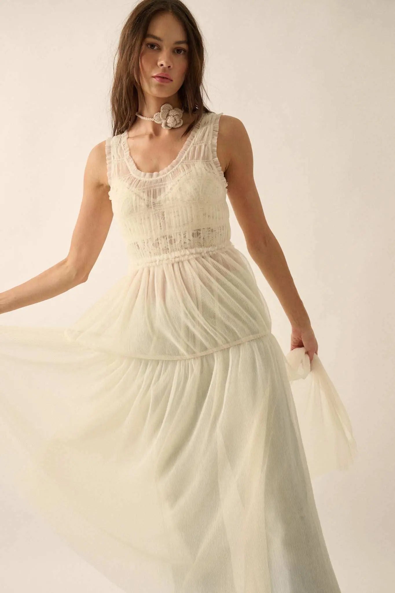 Tulle Time Sheer Smocked Tulle Maxi Dress