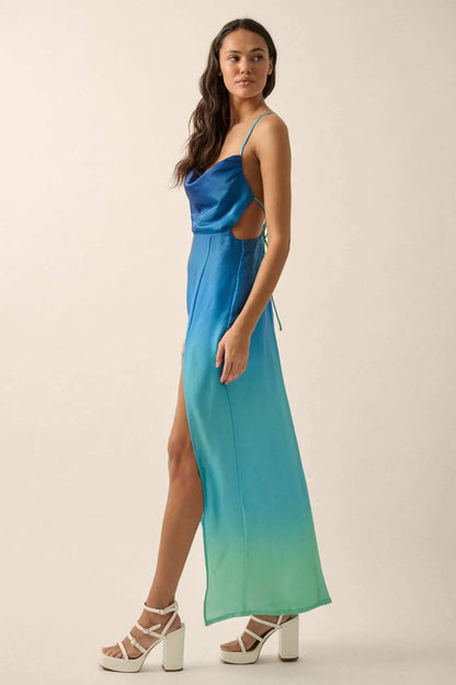 Throwing Shade Ombre Satin Open-Back Maxi Dress