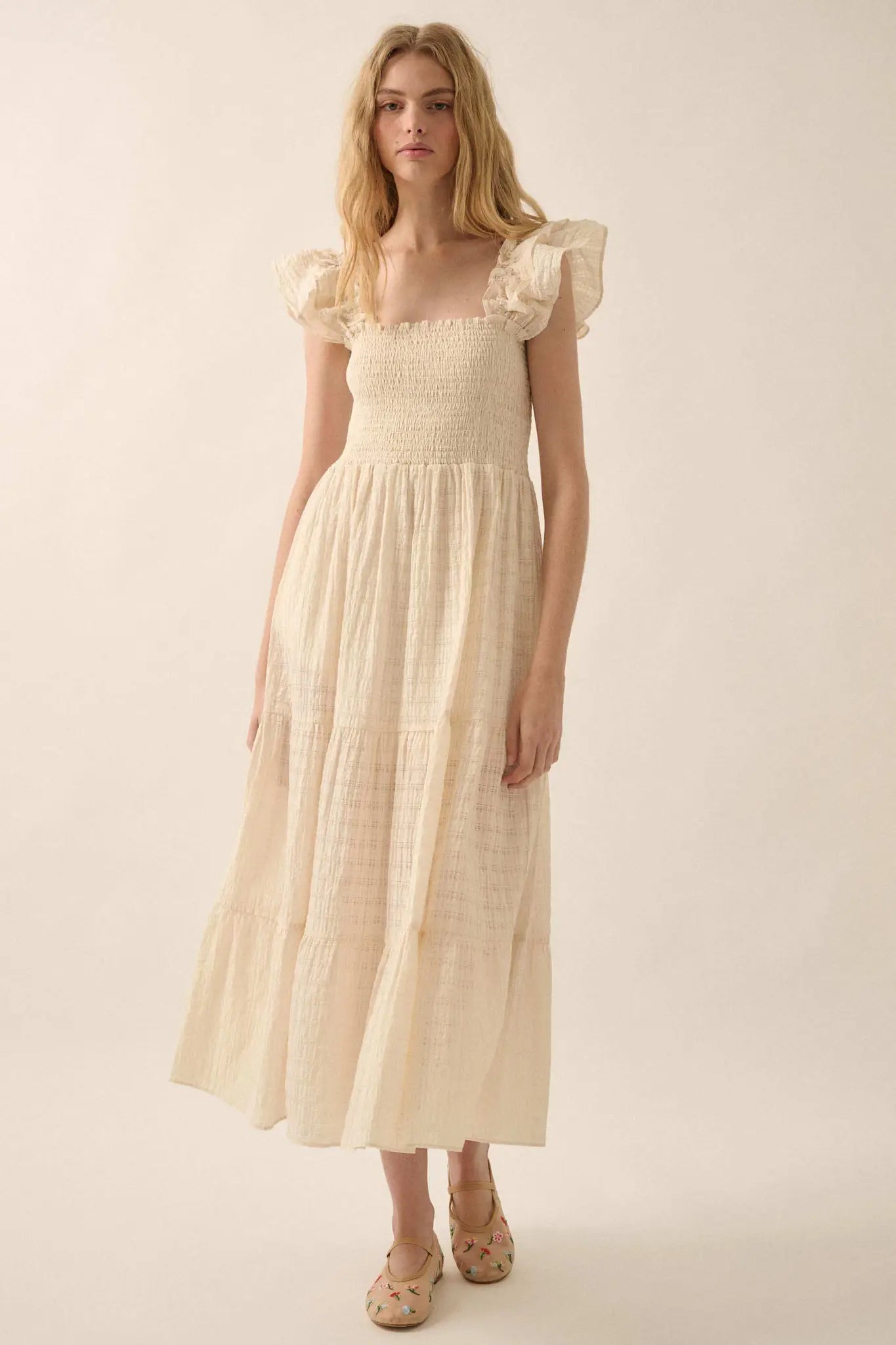 Sweet Sensation Ruffled Paid Tiered Midi Dress