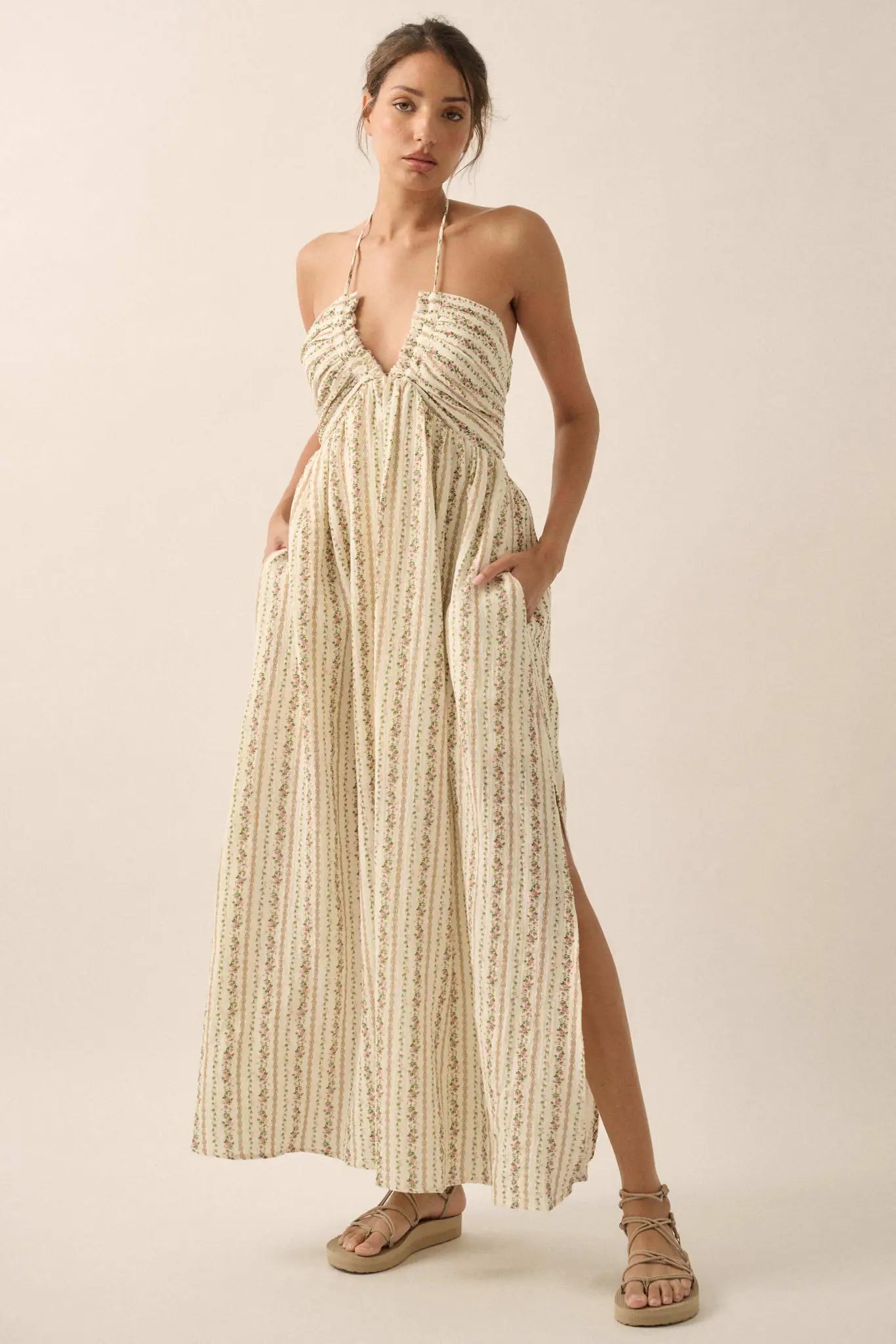 Trellis Blossoms Floral Gauze Halter Maxi Dress
