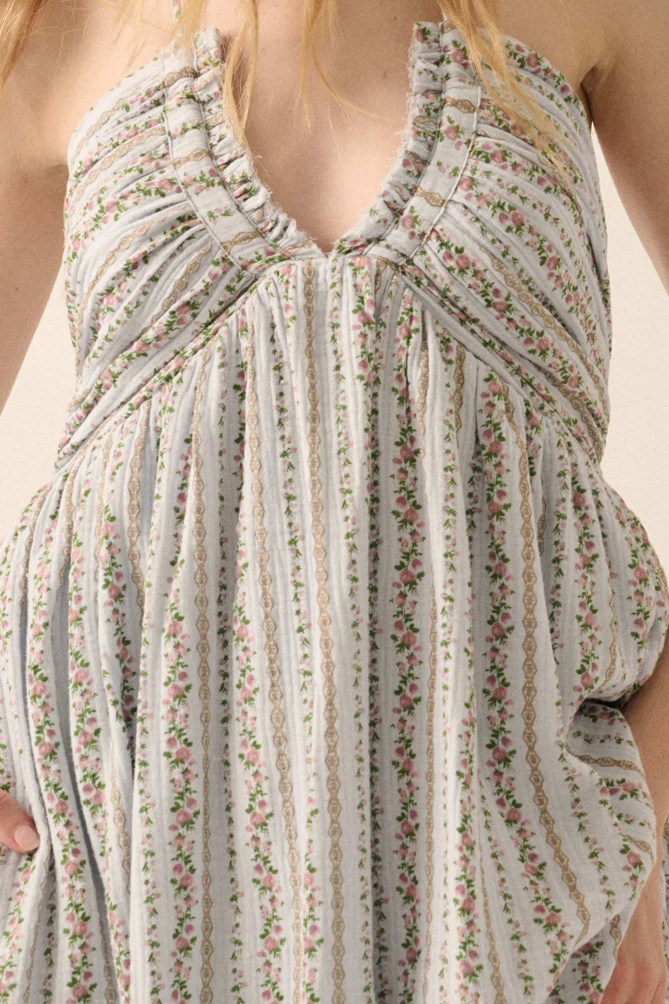 Trellis Blossoms Floral Gauze Halter Maxi Dress