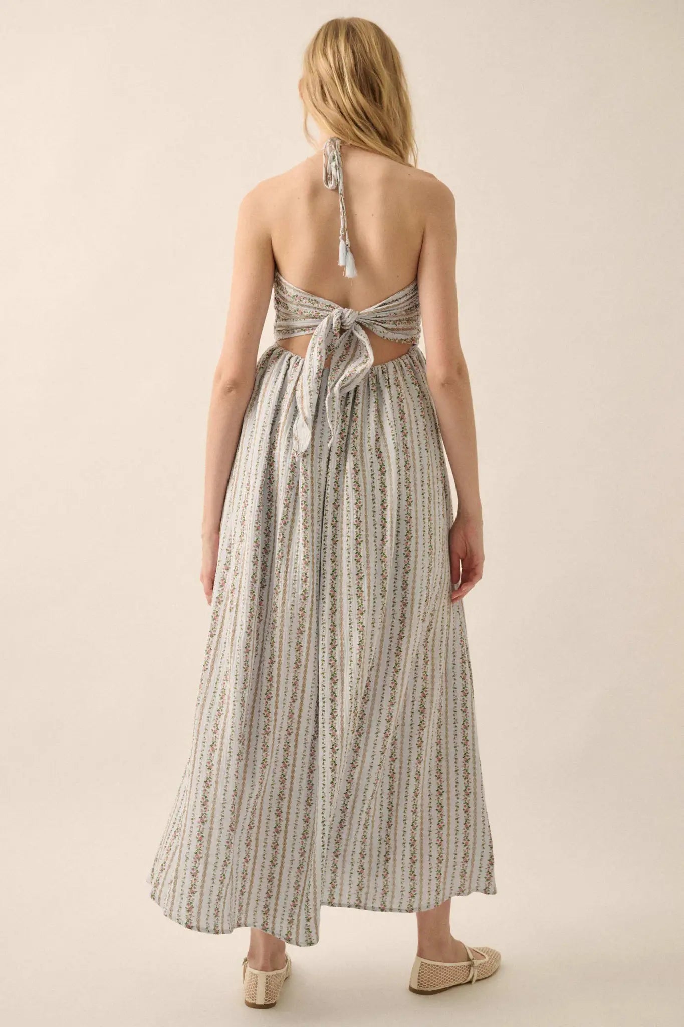 Trellis Blossoms Floral Gauze Halter Maxi Dress