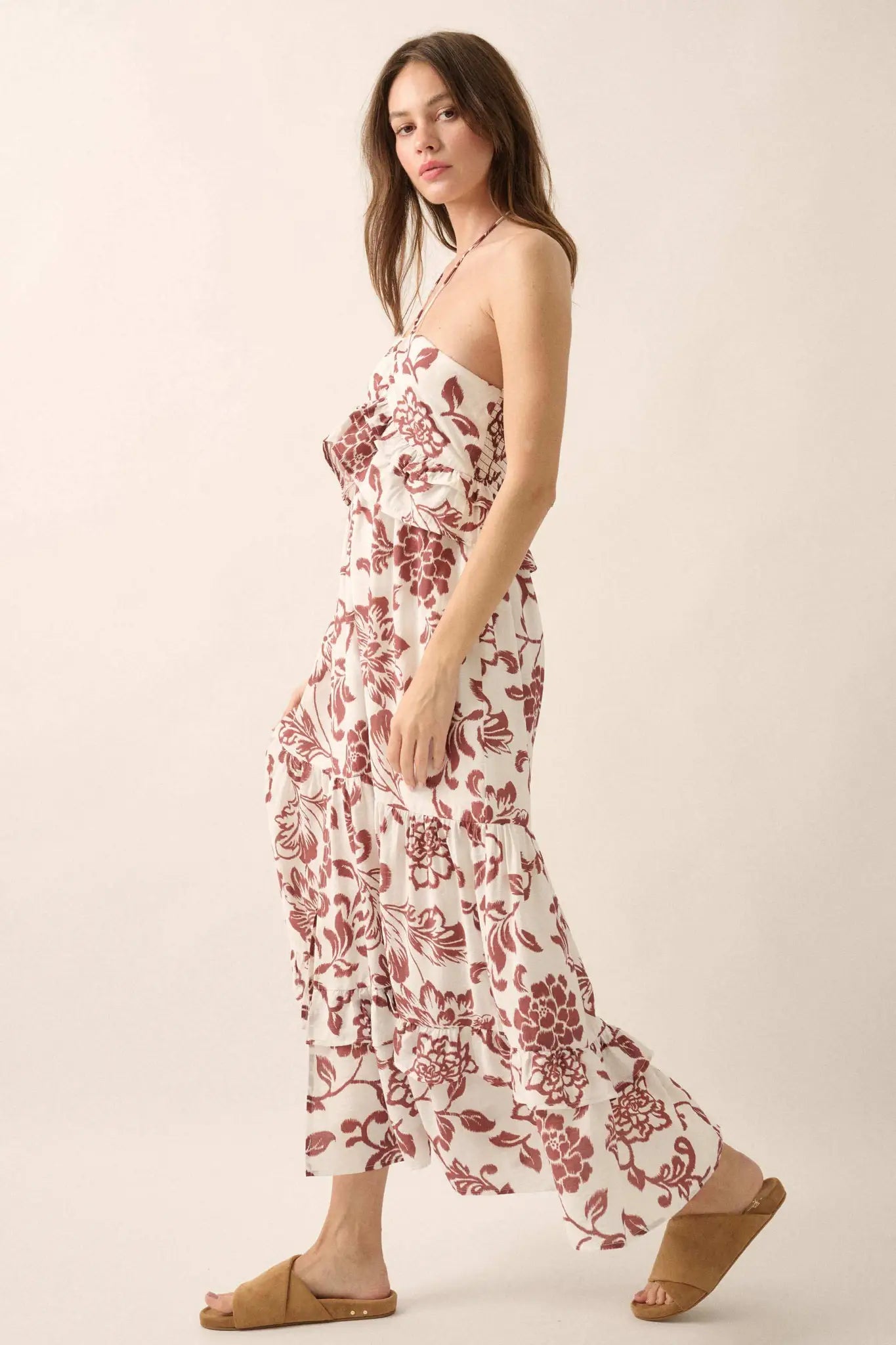 Way to Grow Floral Ruffled Halter Maxi Dress