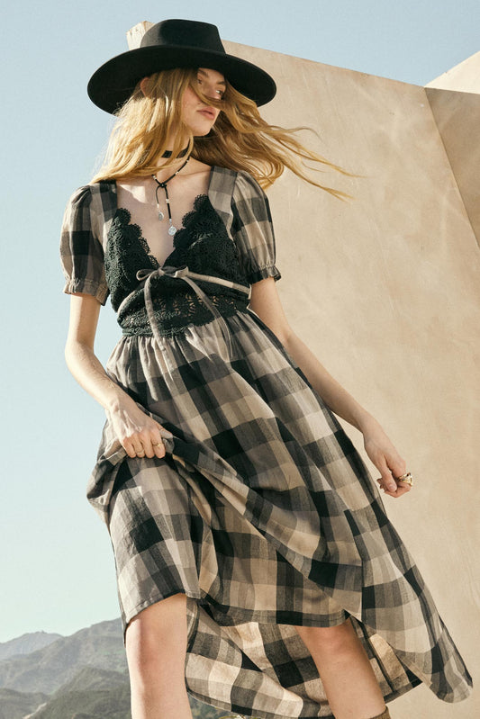 True Country Plaid and Lace Puff-Sleeve Midi Dress