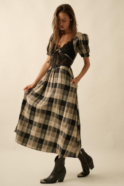 True Country Plaid and Lace Puff-Sleeve Midi Dress