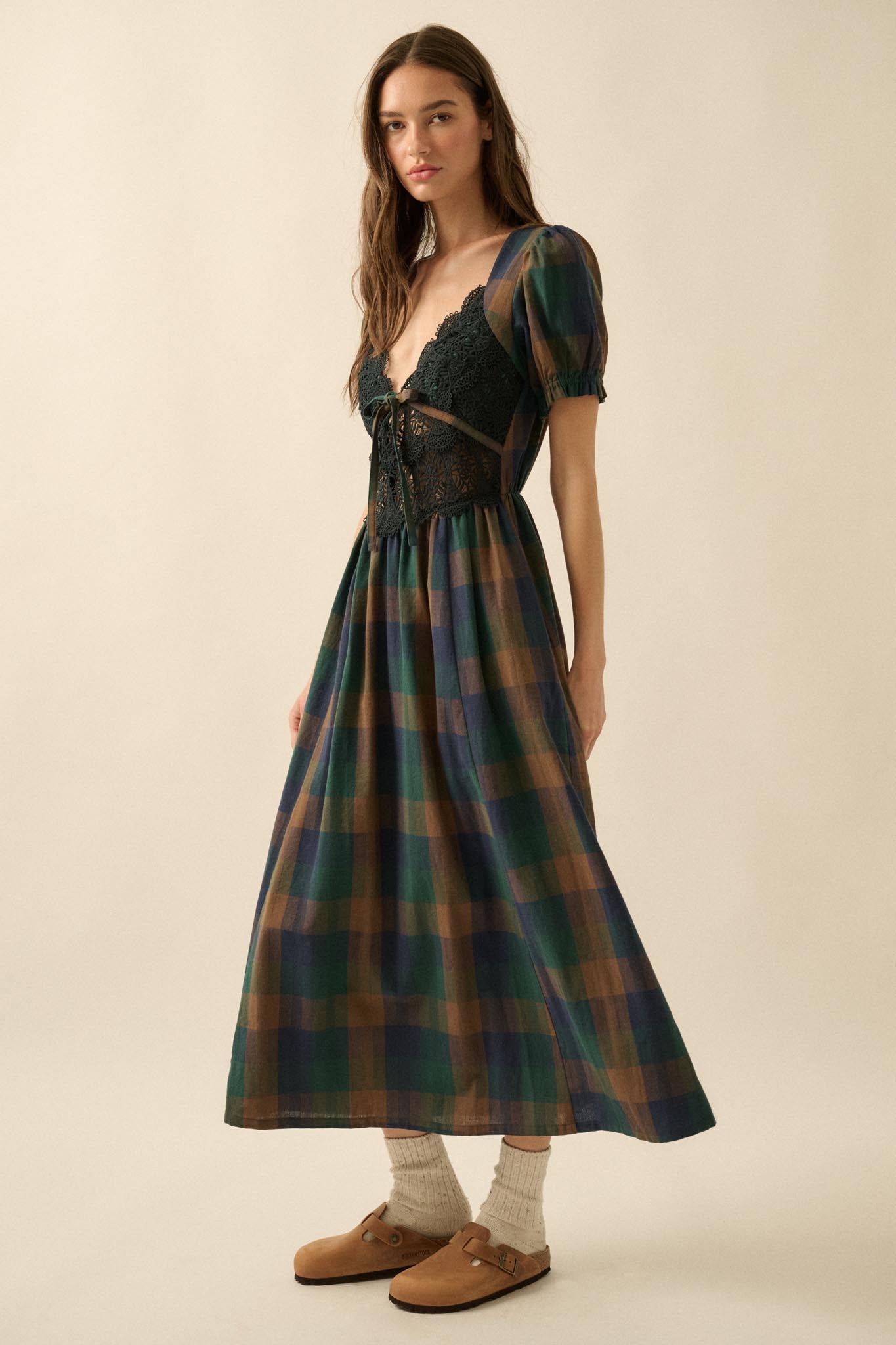 True Country Plaid and Lace Puff-Sleeve Midi Dress