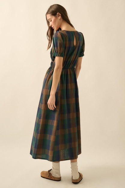 True Country Plaid and Lace Puff-Sleeve Midi Dress