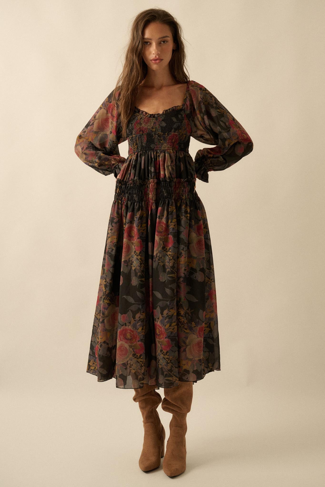 Wandering Rose Smocked Floral Chiffon Midi Dress