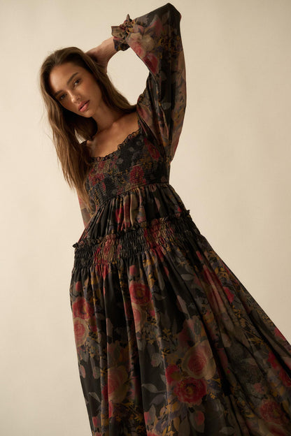Wandering Rose Smocked Floral Chiffon Midi Dress