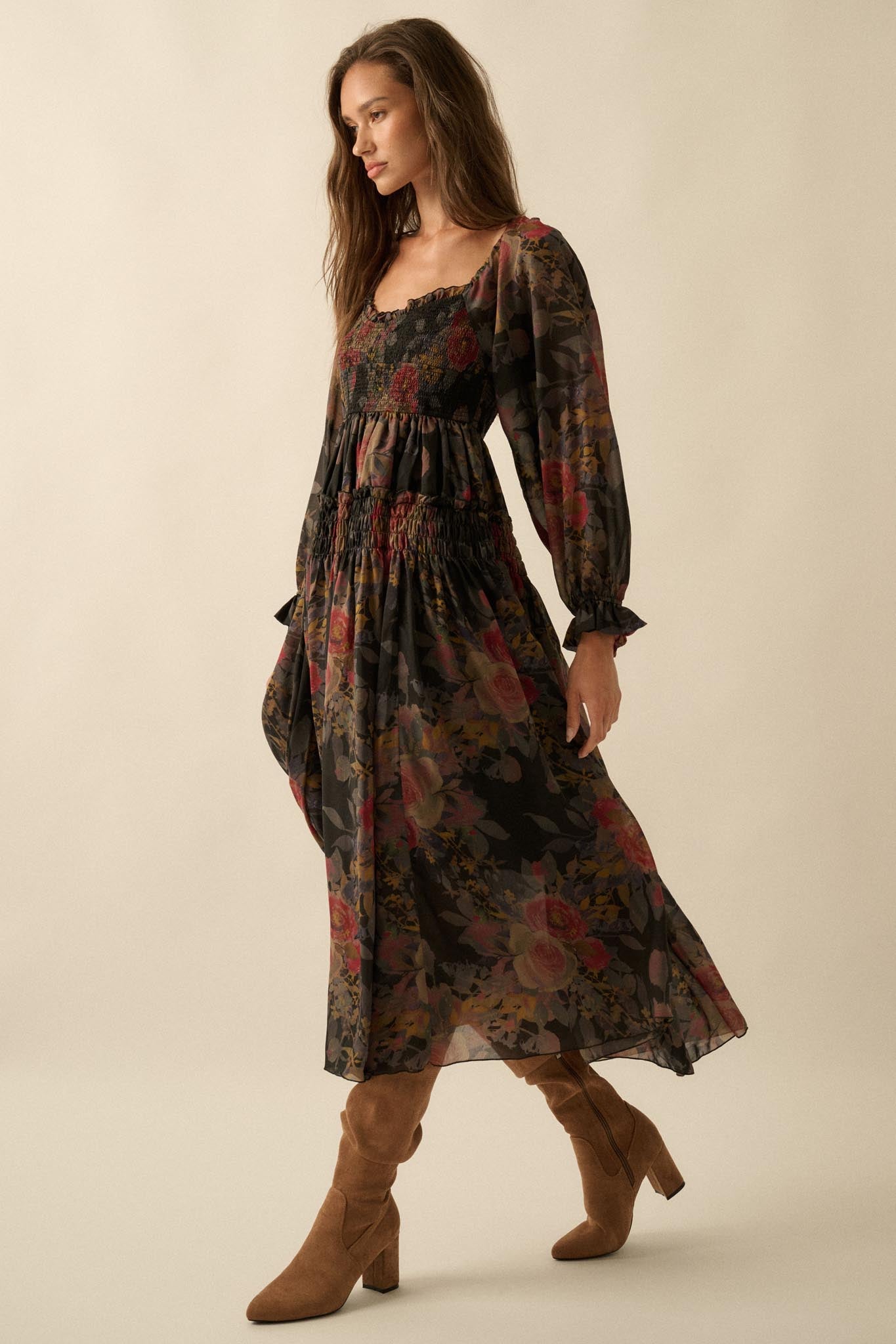 Wandering Rose Smocked Floral Chiffon Midi Dress