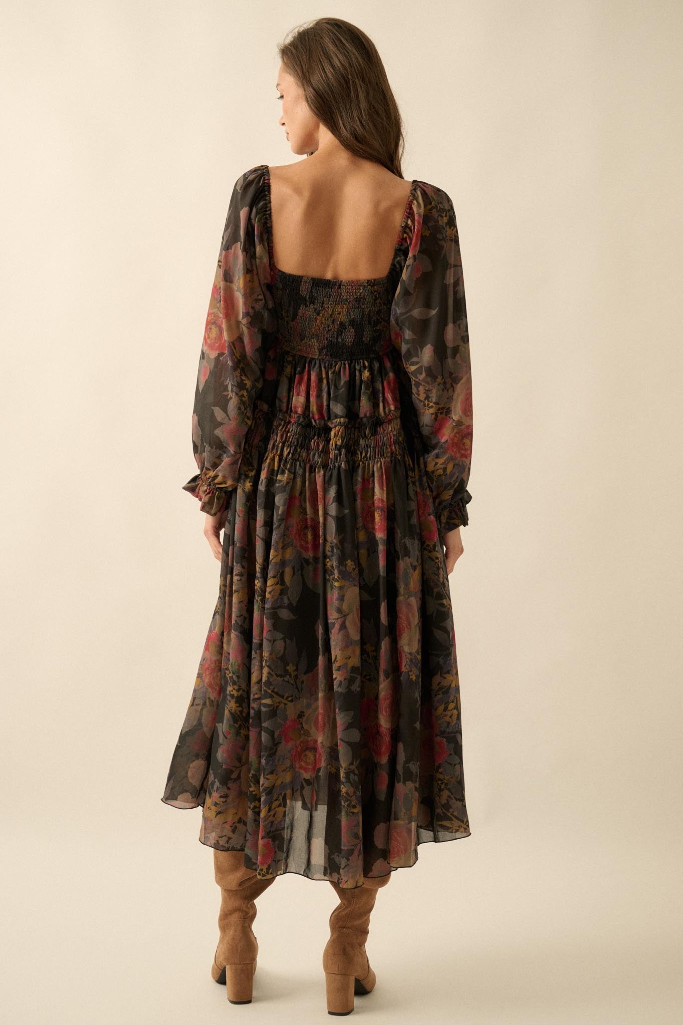 Wandering Rose Smocked Floral Chiffon Midi Dress