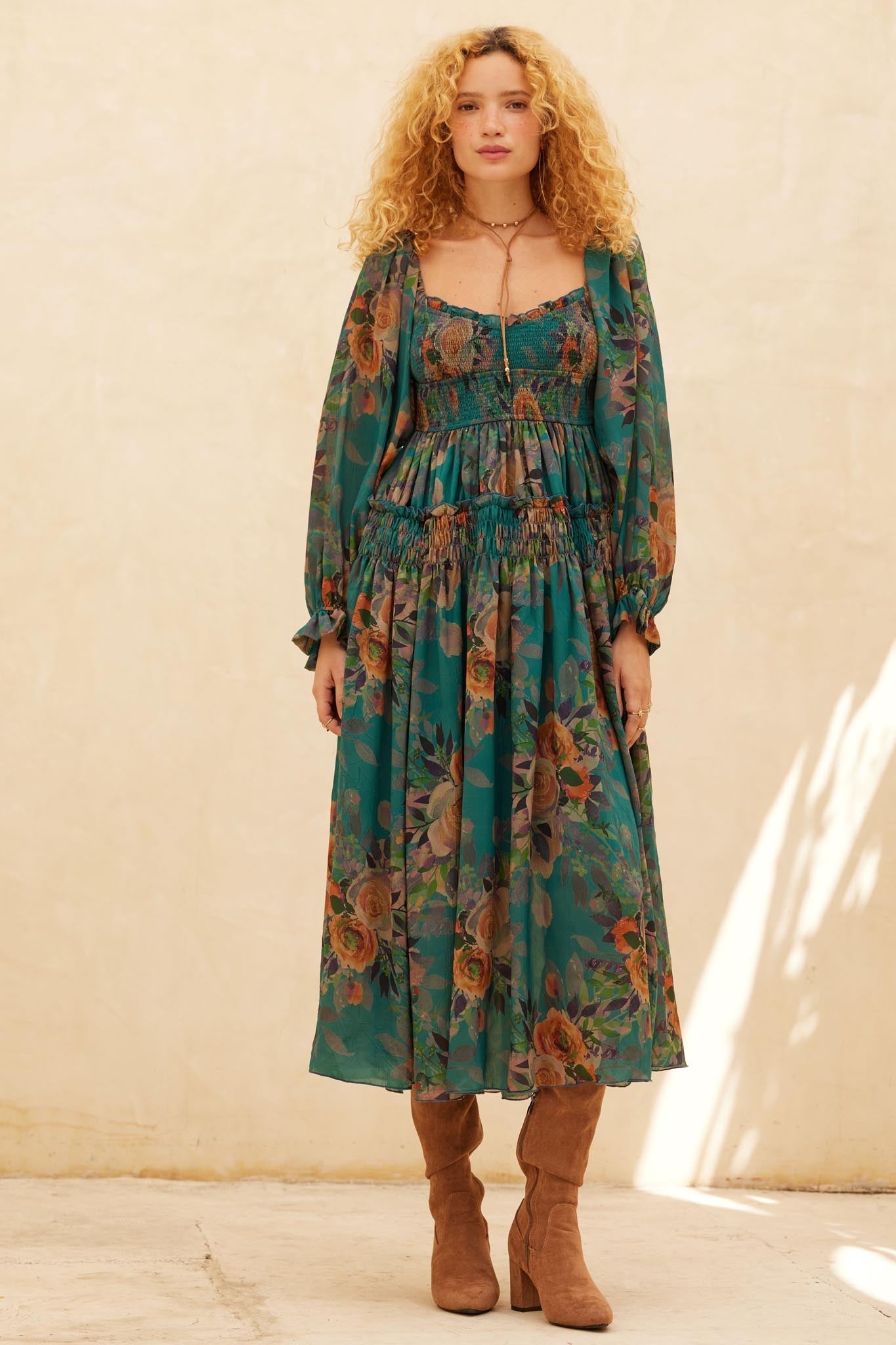 Wandering Rose Smocked Floral Chiffon Midi Dress