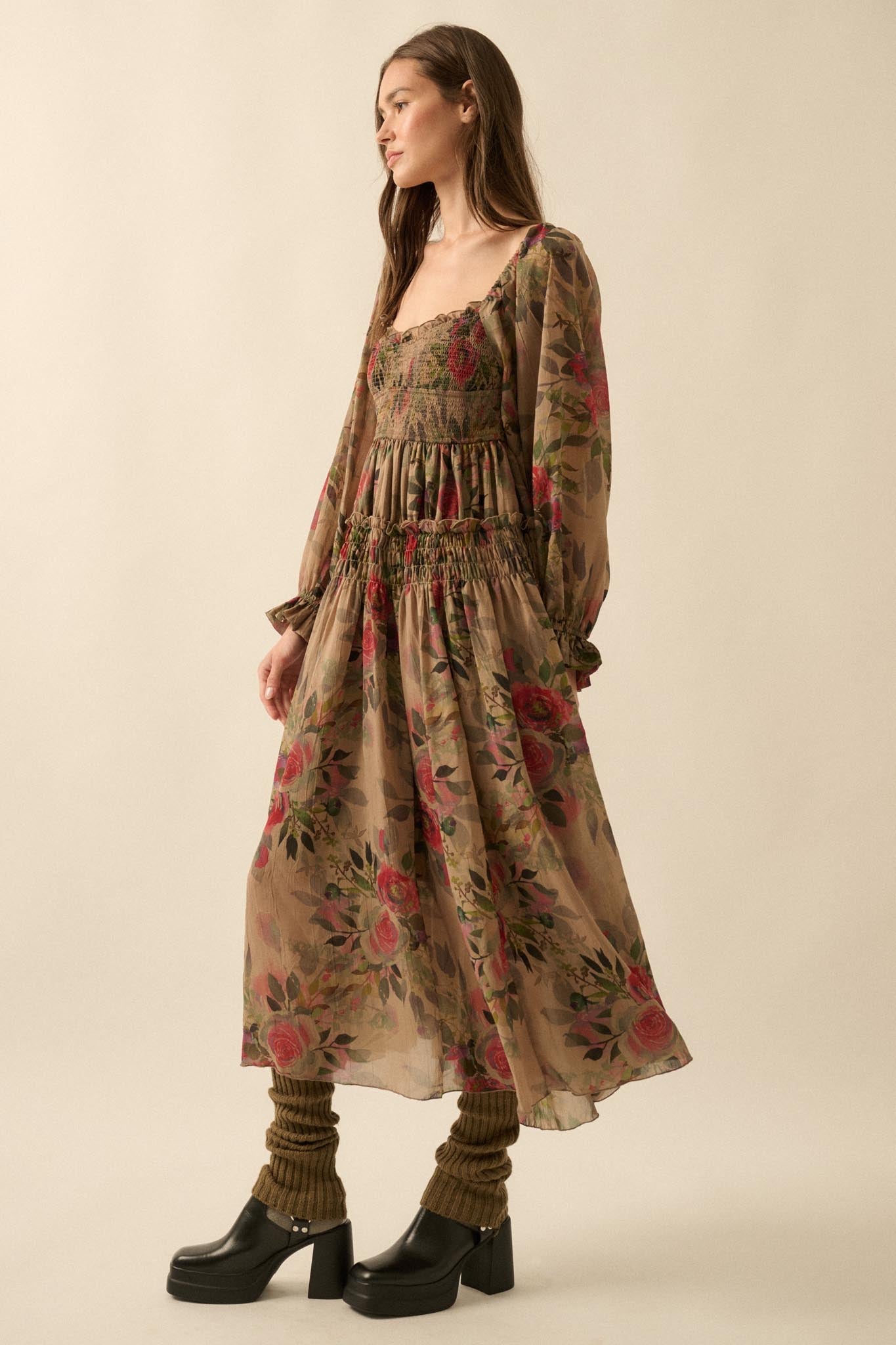 Wandering Rose Smocked Floral Chiffon Midi Dress