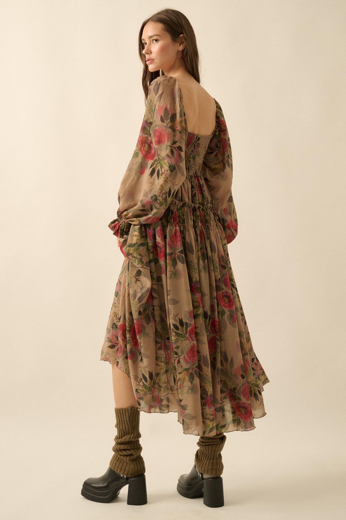 Wandering Rose Smocked Floral Chiffon Midi Dress