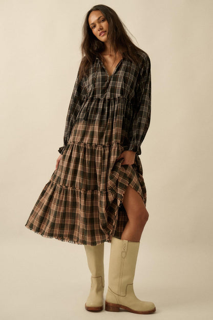 Truly Tartan Tiered Plaid Midi Prairie Dress