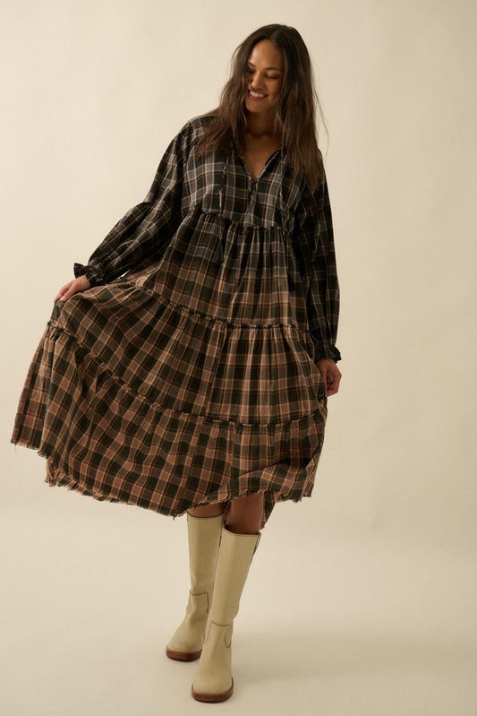 Truly Tartan Tiered Plaid Midi Prairie Dress