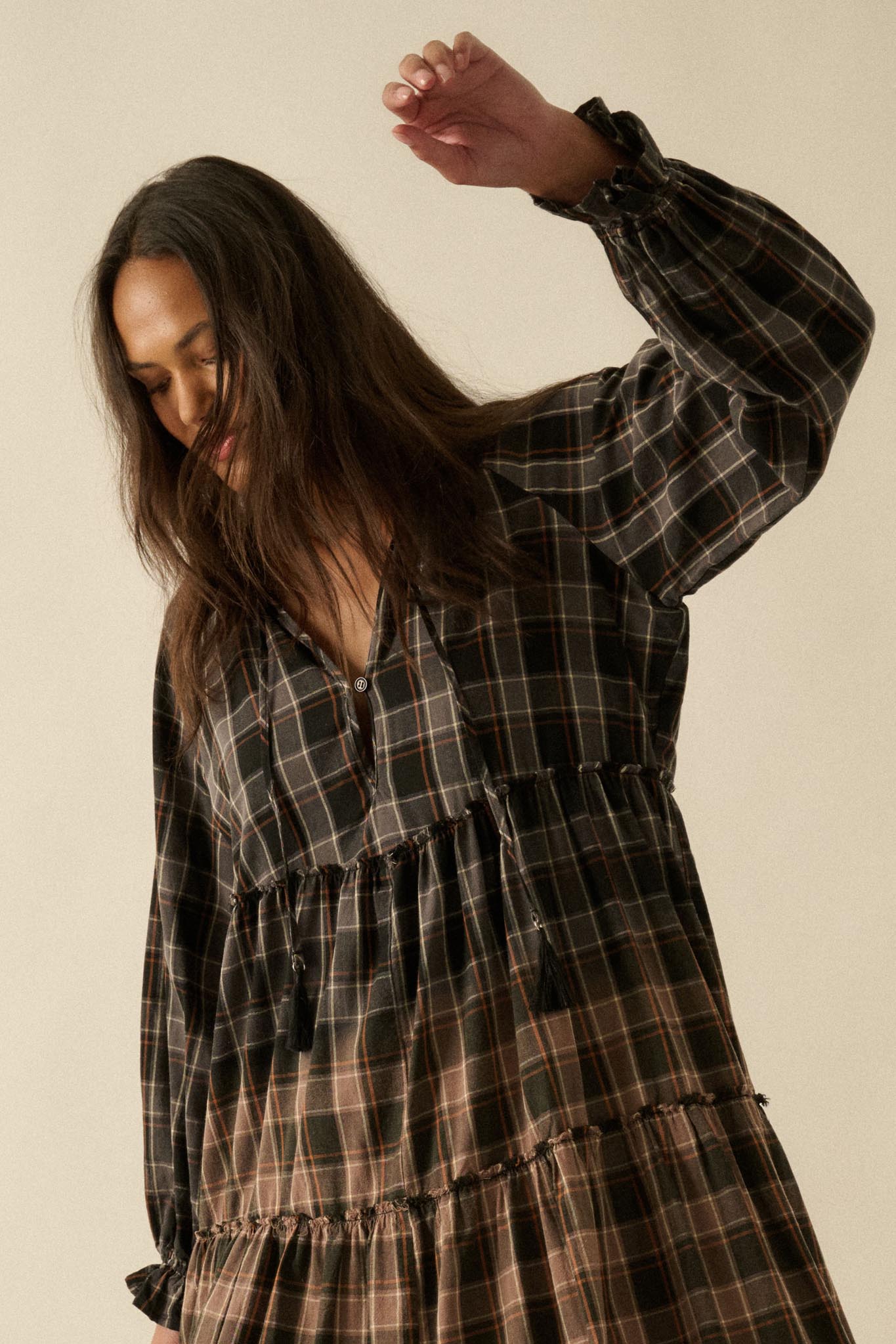 Truly Tartan Tiered Plaid Midi Prairie Dress