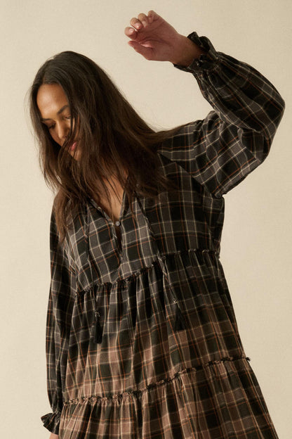 Truly Tartan Tiered Plaid Midi Prairie Dress