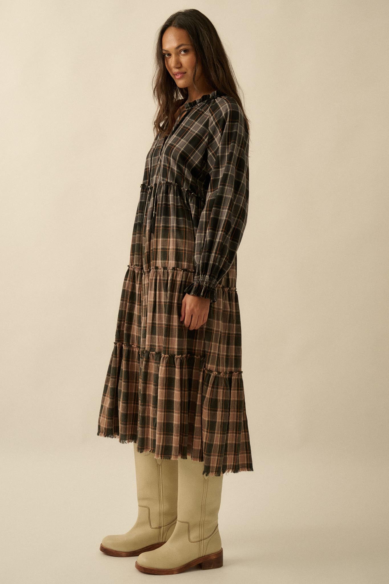 Truly Tartan Tiered Plaid Midi Prairie Dress