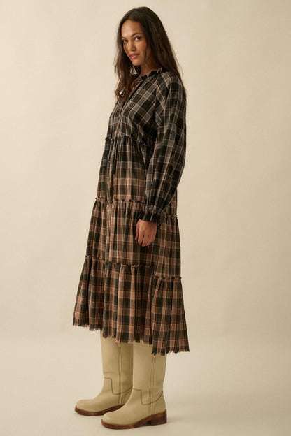 Truly Tartan Tiered Plaid Midi Prairie Dress