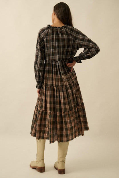 Truly Tartan Tiered Plaid Midi Prairie Dress