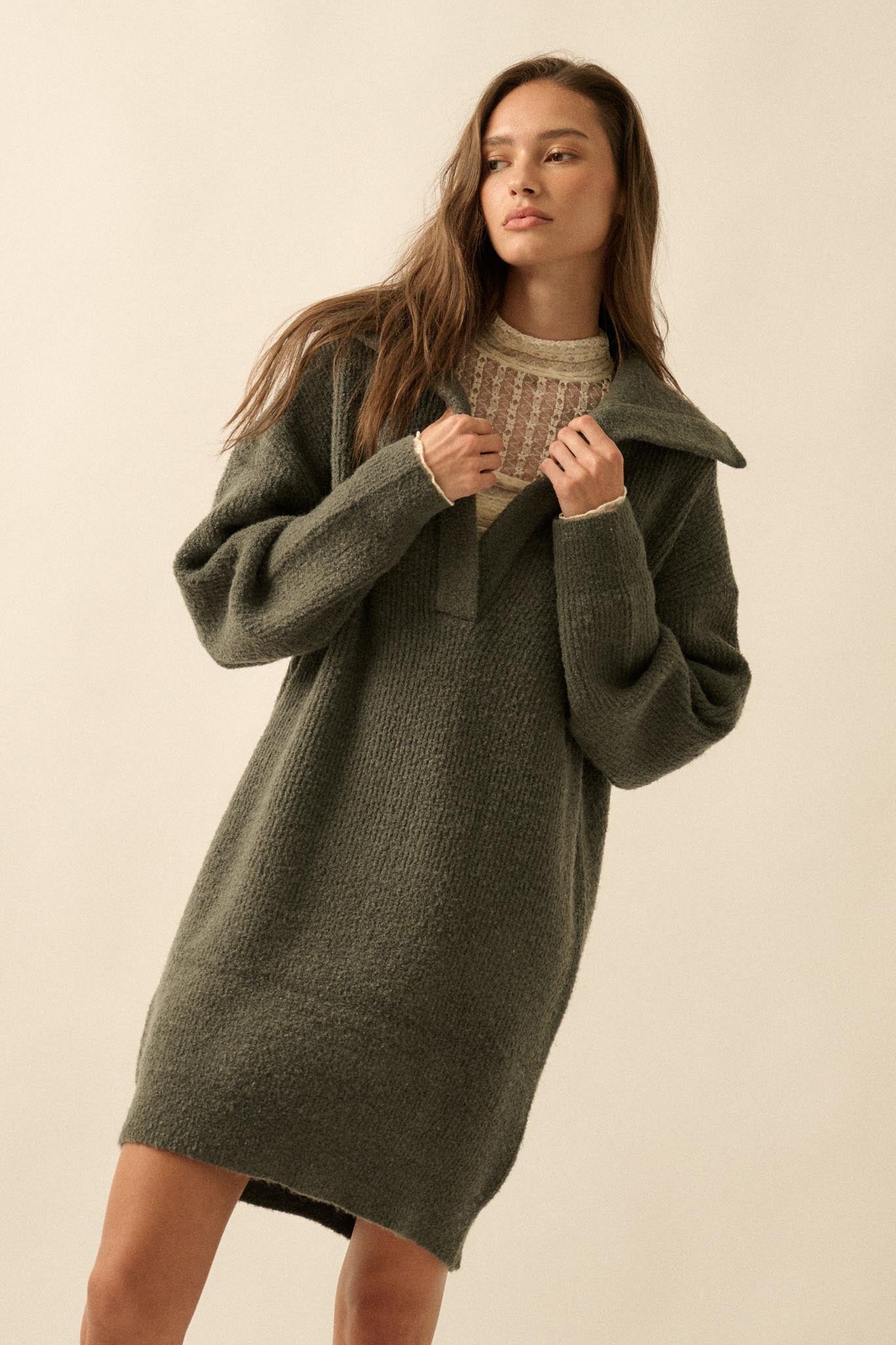 Warm Welcome Collared Split-Neck Mini Sweater Dress