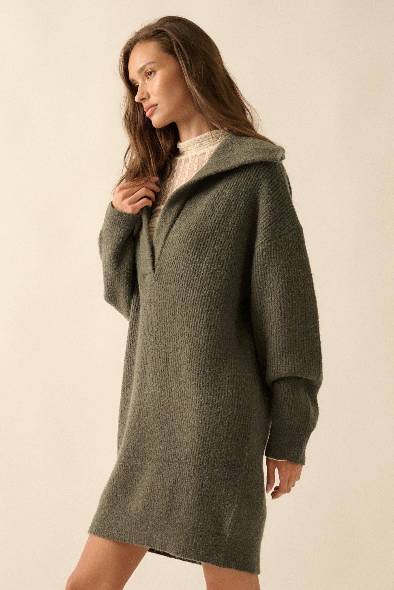Warm Welcome Collared Split-Neck Mini Sweater Dress