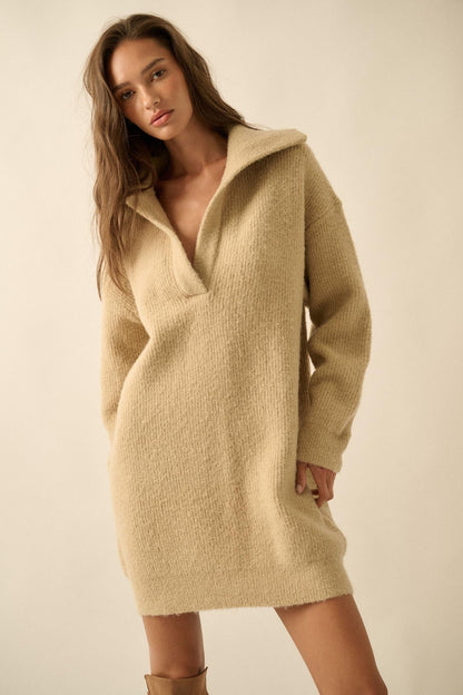 Warm Welcome Collared Split-Neck Mini Sweater Dress