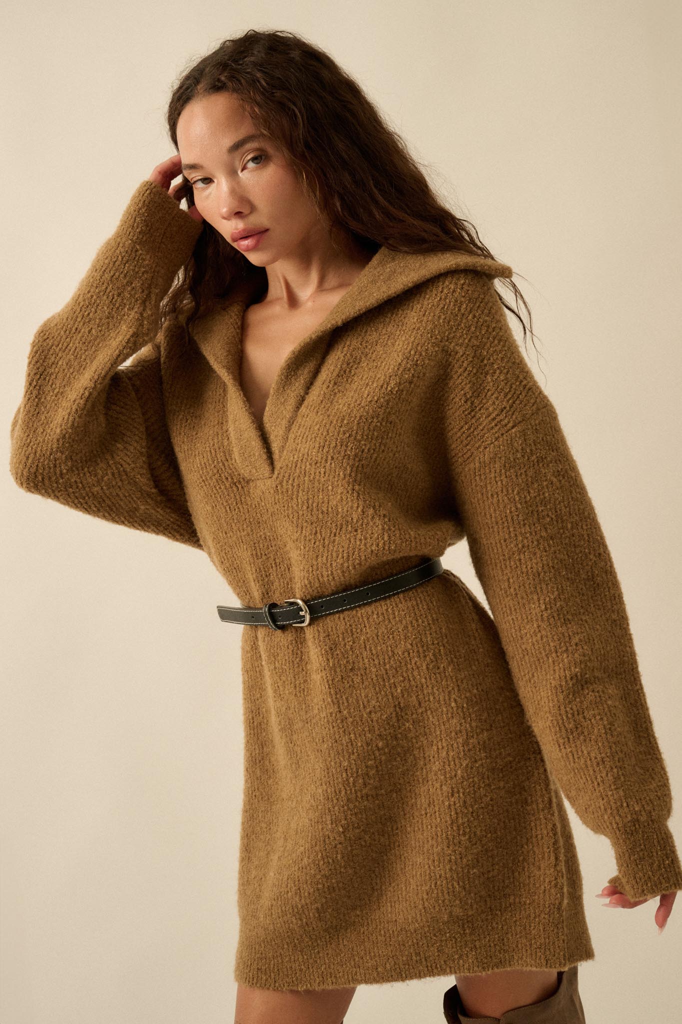 Warm Welcome Collared Split-Neck Mini Sweater Dress