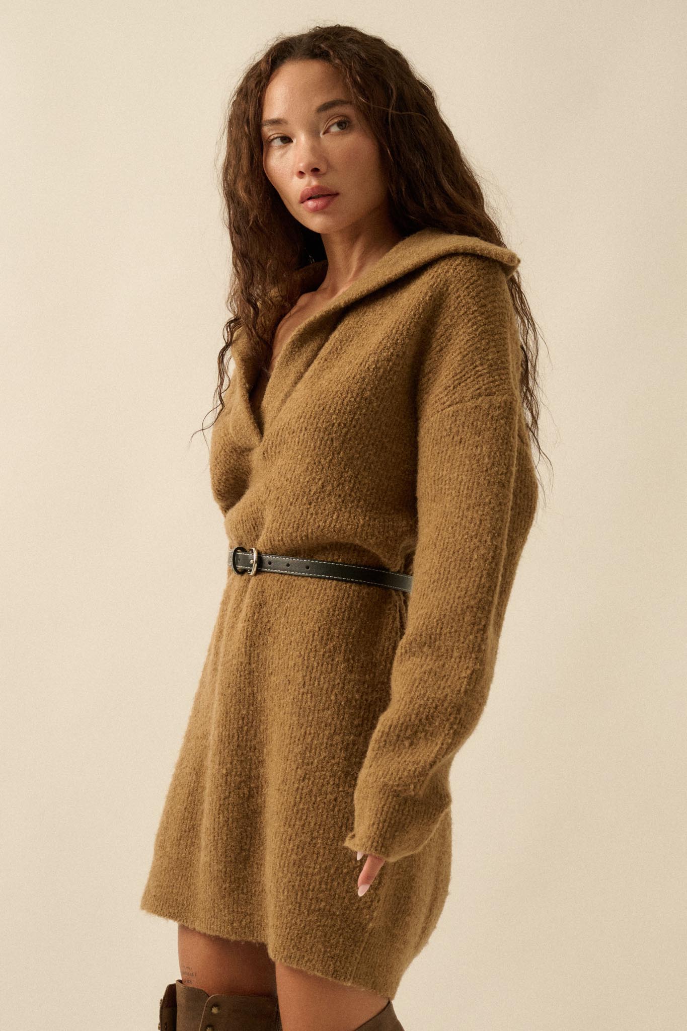 Warm Welcome Collared Split-Neck Mini Sweater Dress