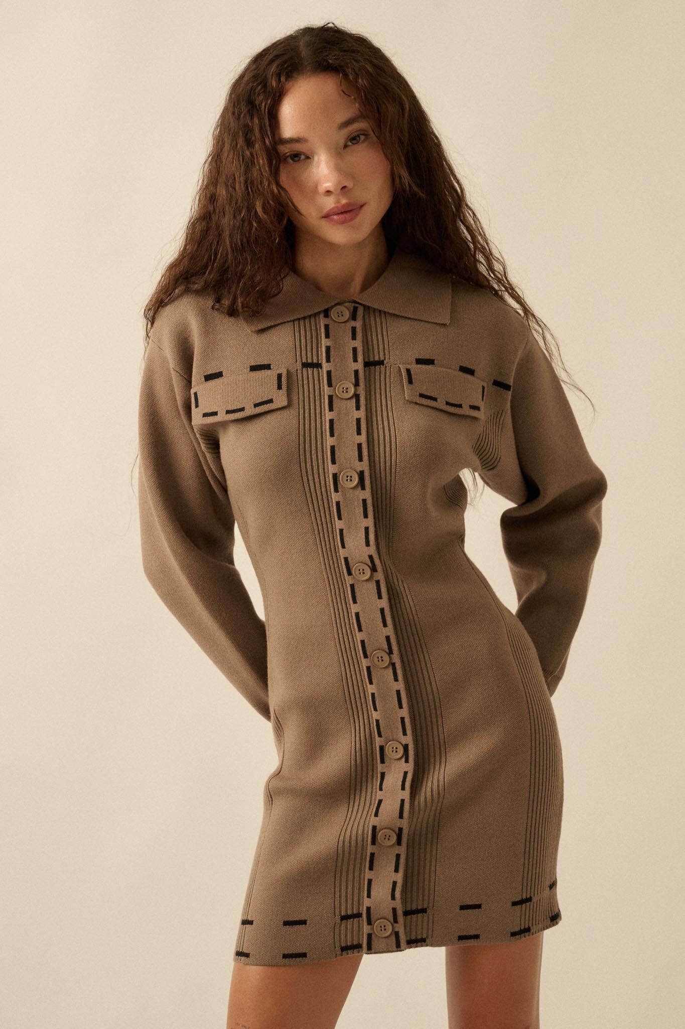 Stitch Perfect Collared Mini Sweater Shirt Dress